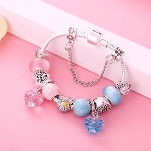 Strand Blau und rosa Schmuck Süßglas DIY Perlen Originalarmband für Mädchen herzförmiges Accessoires Geschenk