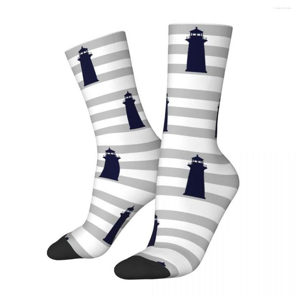Мужские носки All Seasons Crew Stockings морские темно -синие маяки на серебряных серого полосах хип -хоп долго для мужчин женские подарки