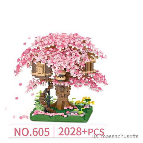 Blöcke Mini Sakura Bäume Haus japanische Orientaler Kirschblüten -Mikrobausteine ​​Turm Kinder Spielzeug Kinder Weihnachtsgeschenkgärten R230817