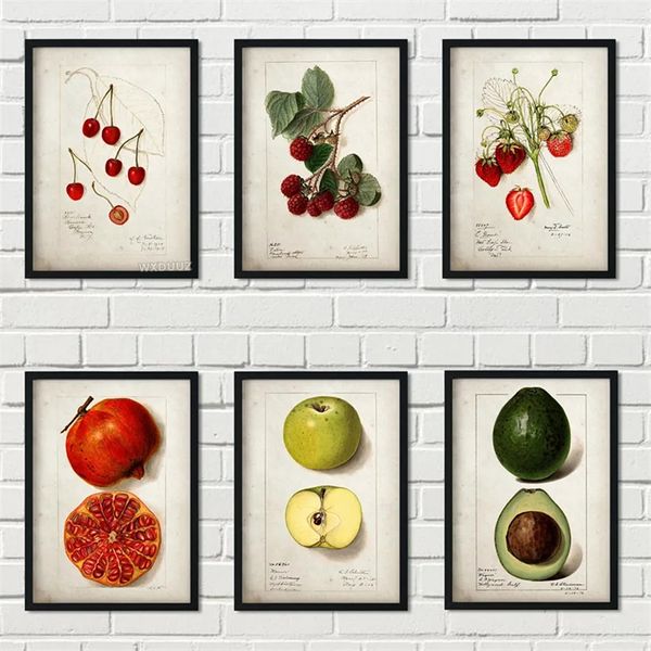 Klassische Obsttypen Leinwand Malerei antikes Retro -Obstposter und Druckbirnen Apfel Ananas Wandkunst Küche Esszimmer Dekor