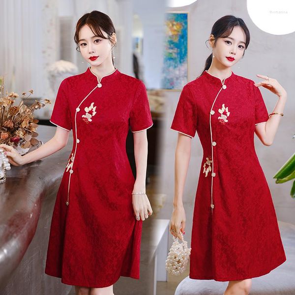 Abbigliamento etnico cinese tradizionale retrò migliorato cheongsam estate giovane manica corta rossa sottile abito da sposa Qipao cny