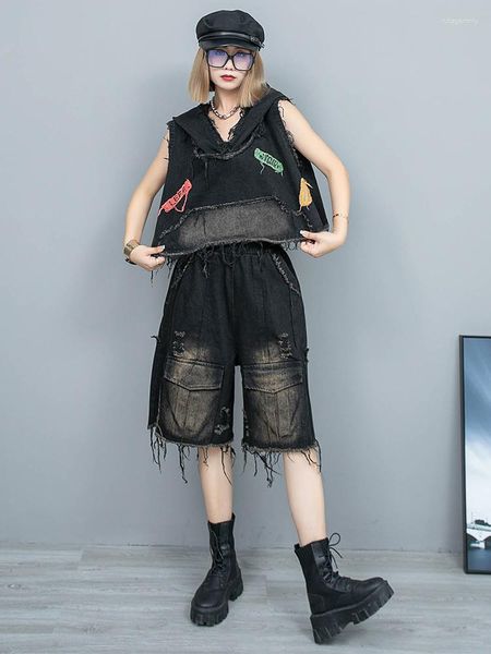 Kadınların Trailtsits Kişiselleştirilmiş Vintage Denim kolsuz kapşonlu yelek diz boyu düz kotlar gevşek montaj moda sokak kıyafeti iki parçalı