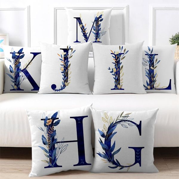 Travesseiro simples folha azul alfabeto capa 26 letras decoração travesseiros sofá cadeira de plantas de arremesso de poliéster de poliéster