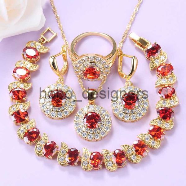 AAA+ Qualität Goldfarbe Schmucksets für Frauen Halskette und Armband Rot Granat Ehering-Ring-Sets 8-Farben Brautkostüm X0817