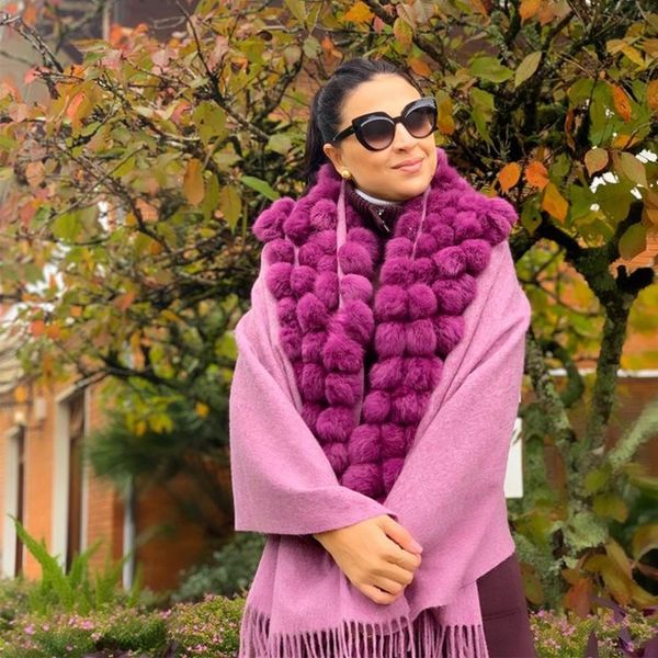 Lenços de inverno Cashmere Wool Pashmina Senfler Mulher Autumn Winter Wool Shawl com pomps de pele de coelho real 230817