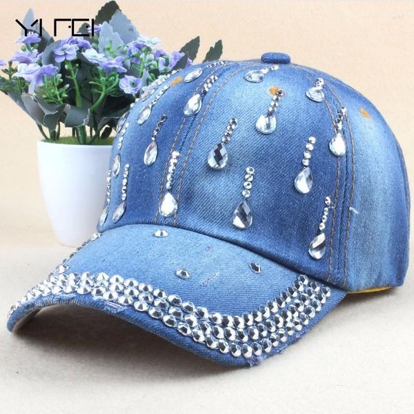 Ballkappen Denim Hip Hop Fashion Leisure Woman Cap mit Wassertropfen Strass Vintage Jean Cotton Baseball für Männer