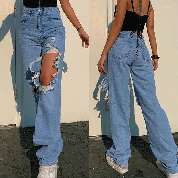 Jeans femminile solido casual sciolto dritto per donne 2023 pantaloni di pantaloni in jeans alla vita vintage strappati