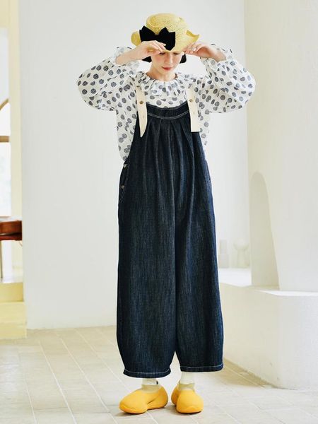 Jeans femminile Imakokoni Design originale Denim Banchina Pantaloni a gamba a larga tasca elastica sciolta 223705