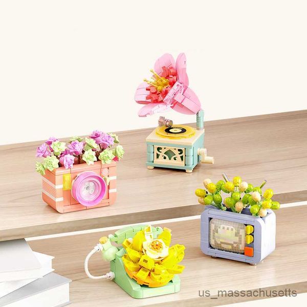 Bloklar Yaratıcı ve ilginç vintage kamera telefonu çiçek bonsai masaüstü dekorasyon yapı blokları b oyuncak hediyeleri r230817