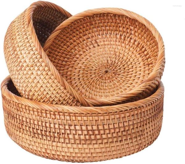 Teller 3pcs Korbkörbe runden Brotfrüchte - natürlicher Bambus Rattan handgewebte Aufbewahrungsschalen Stapelbare Korbschale