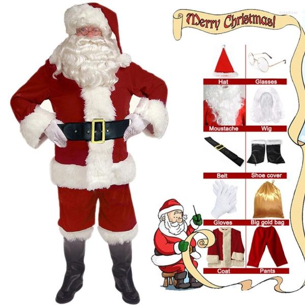 Tracce maschili natalizi adulti Babbo Natale abito classico velluto rosso cappotto per cappelli per cappelli per la barba costume da festa per donne