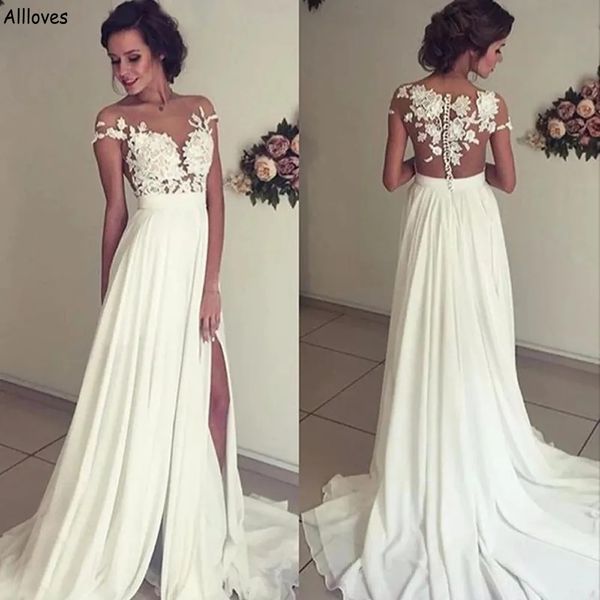 Affascinante chiffon a linea abiti da sposa boho pizzo applicato in campagna rustica counca a torro da sposa bottoni con maniche berretto da bernoccia