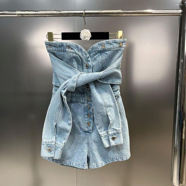 Jeans femminile estate 2023 maniche maniche maniche per maniche maniche per maniche a V-Neck Multi-Button Solde Sweet Tie Denim senza spalline
