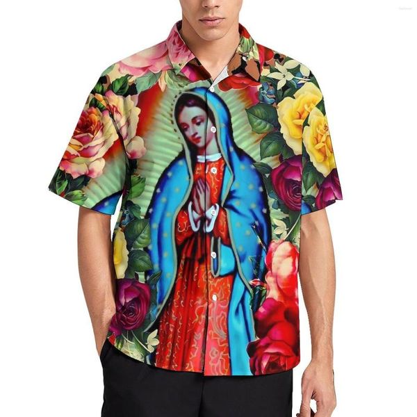 Erkekler Sıradan Gömlekler Çiçek Leopar Baskı Our Lady Guadalupe Tatil Gömlek Hawai Moda Bozları Erkek Artı Boyut