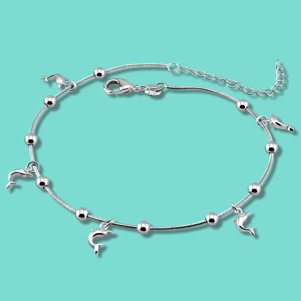 Tornozeleiras femininas 925 Sterling Silver Anklet Minimalista Pingente de golfinho Solid Sill Silver Tornozelo fêmea de 28 cm Jóias de praia 230816