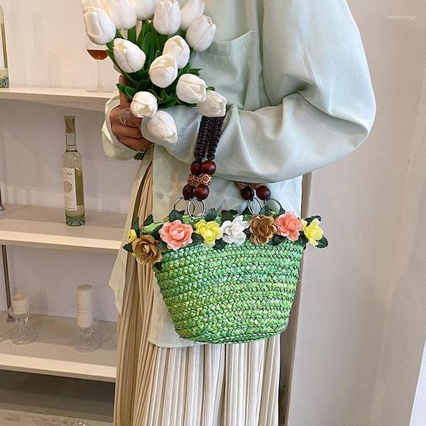 Breite Krempelnhüte 2023 Sommertasche Frauen farbenfrohe Blumenhandtasche Gras gewebtes Feenstrand