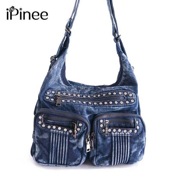 Hobo ipinee moda denim jean çantaları kadın çoklu cep omuz çantaları diamante kadın çantaları Bolsas HKD230817