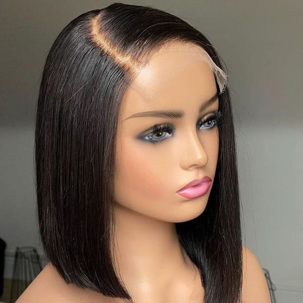 Perucas de cabelo humano curto 220%densidade brasileira 13x1 t parte perucas retas retas para mulheres transparentes renda pré -arrancada Bob Wig na venda