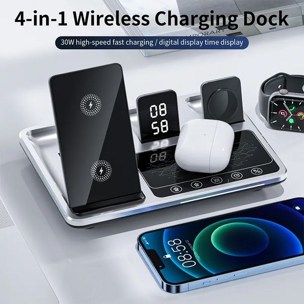 4 In 1 Wecker drahtloser Ladegerät für iPhone 14 13 11 12 Apple Watch Fold Ladable Dock Station für AirPods Pro Iwatch Samsung Xiaomi Mi Huawei Smartphones