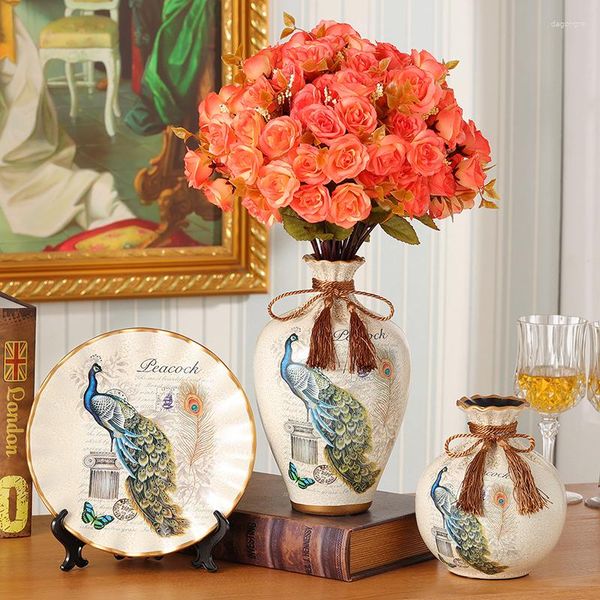 Vasos 3pcs European Ceramic Flower Vaso Lar Room Decoração da área de trabalho Cultura Bottle Art Plate Home decore um presente delicado