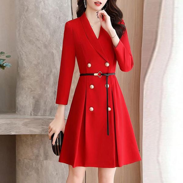 Frauenanzüge Herbst Long Blazer Midi Kleid Frauen minimalistische Outwear Lose elegant doppelt baceed Slim Belt Office Mode All-Match All-Match