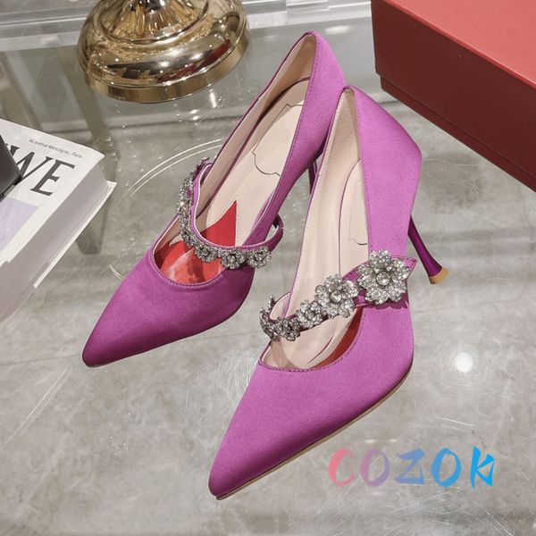 Отсуть обувь Элегантное розовое шелк заостренное пальцем для хрустальной цепи высокой каблуки Мэри Джейн Женская передняя поездка для поясных туфель