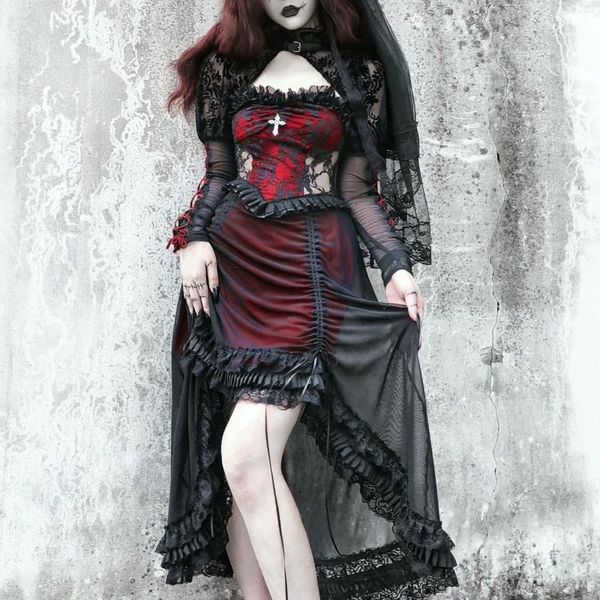 Abiti casuali Affermazione del sangue Vampire originale Gothic nera nera cowind abito asimmetrico abito slip Halloween pizzo Dark Suscenere