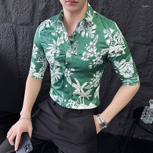 Camisas casuais masculinas 2023 Verão coreano impresso Halva Men Moda Moda Moda Slim Fit Fit de Alta Qualidade Vestido Camisa