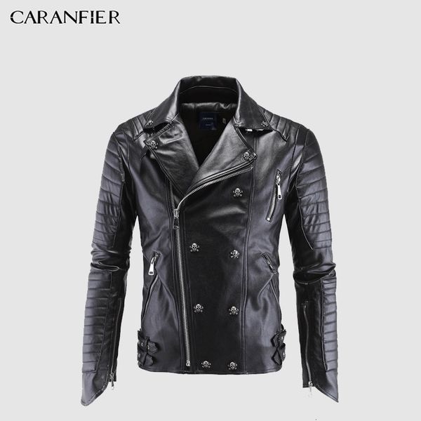 Jackets masculinos Caranfier Casaco de couro Men Designer Skull rebite cravejado punk rock preto moto de couro jaquetas de motocicleta homens plus size m-5xl 230816