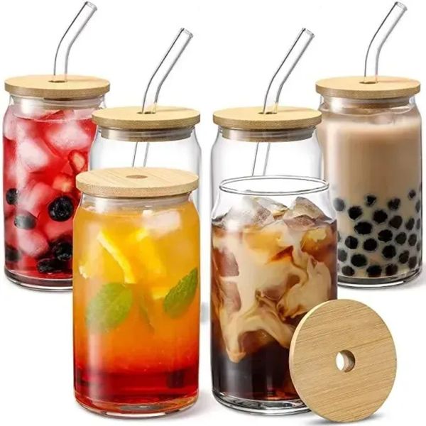 US CA Stock 16oz Tassen Sublimation Glas Bier Tassen mit Bambusdeckel Stroh Stroh Bumbler DIY Blanks Frosted Clear Can Colls Hitzeübertragung Cocktailbecher Becher G0818