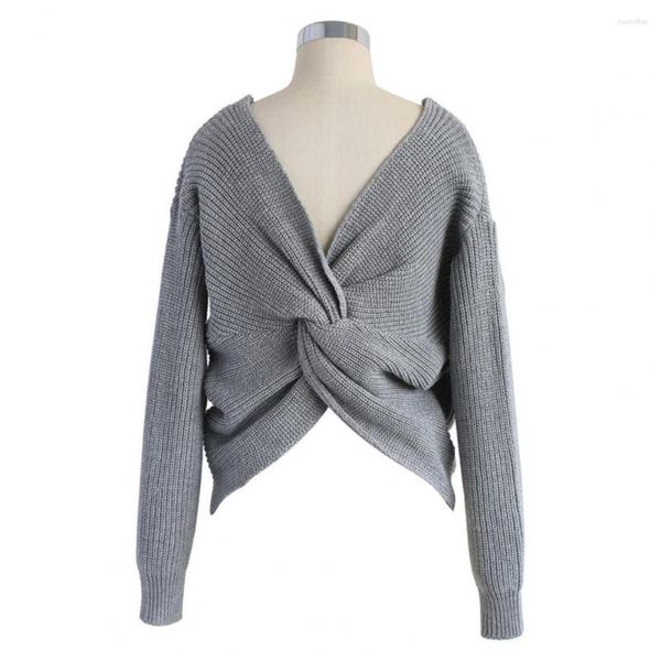 Kadın Sweaters Düz Renk Elastik Soğuk Dayanıklı Kadın Zarif Geri Criss Çapraz Tasarım Örme Süveter Üstü İş İçin