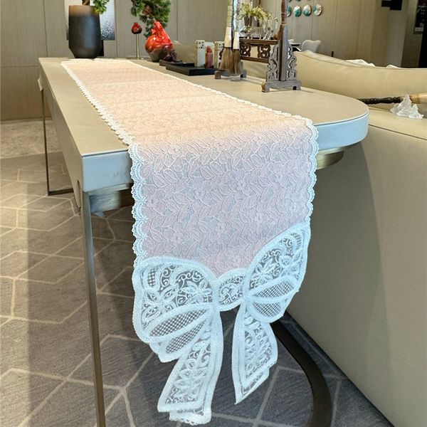 Tischläufer weißer Spitze Tisch Runner Atmosphäre Home Essabende dekorative Stoff französischer Schrank Coffeetable Vintage Pink Bow Tablerunner 230817