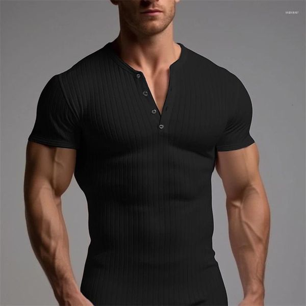 Camisetas masculinas Casual Casual Color Solid Mens Camisetas Lazer o Botão do pescoço Camisa de manga curta Summer Men Sports Fashion