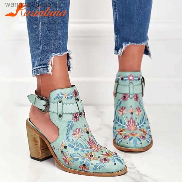 Обувь для обуви Karinluna 2023 Новый Dropship в запасе летние женщины Винтажная вышивка цветочного дерева с высоким каблуком высокой каблуки сандалии сандалии T230818