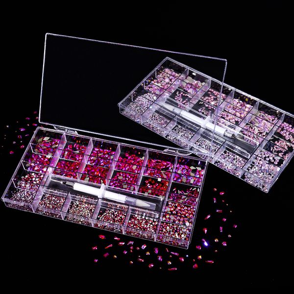 Nagelkunstdekorationen 2800 3100pcs Luxus glänzend Diamants Kristallset AB Glass 1pcs Pick in Gitter Box 21 Form 230816