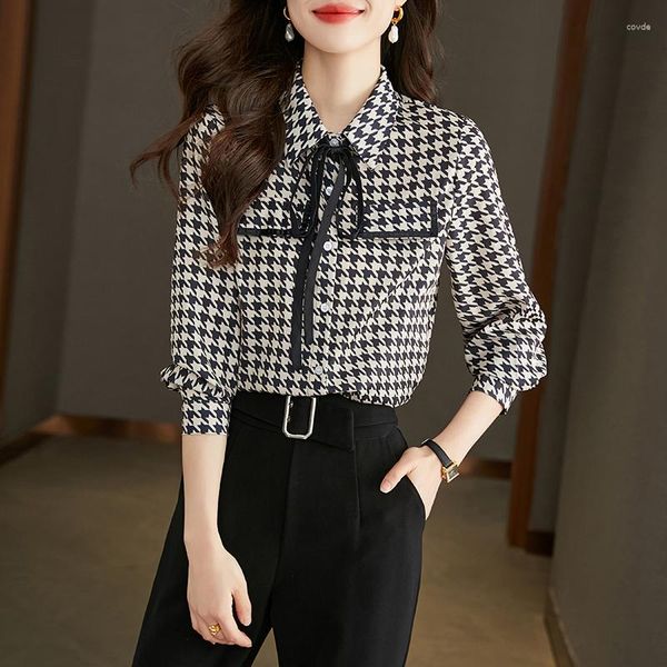 Bloups feminina Mil Bird's Nest Shirt Spring e Fall Fashion Moda temperamento elegante que comutora a blusa impressa de laço de mangas compridas