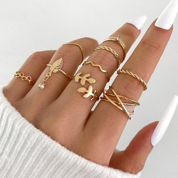 Cluster Rings Fashion Gold Color Minimalist Leaf Set для женщин геометрический ретро -мульти сустав