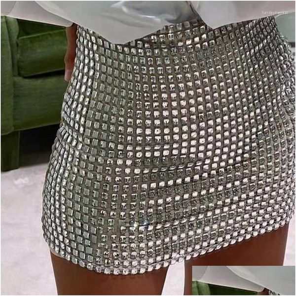 Etekler Rhinestone Mini Kadınlar Giysileri Seksi Bölünme İçi Boş Out Parlak Kristal Elmaslar Solid Drop Teslimat Giyim Kadınları Dh1rk