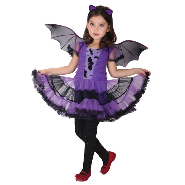 Cosplay Kids Girls Purple Bat Princess Dress Fanche Fantaspume Roupas de bruxa com Rap Play Rap Play Clothing 230818