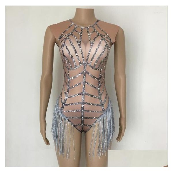 Bühnentrage sexy Strasssteine ​​Sier Tassel Lotard ärmellose Nacktkleidung Frauen Danz -Prom -Outfit Nachtclub weibliche Sängers Show Drop d DHND4