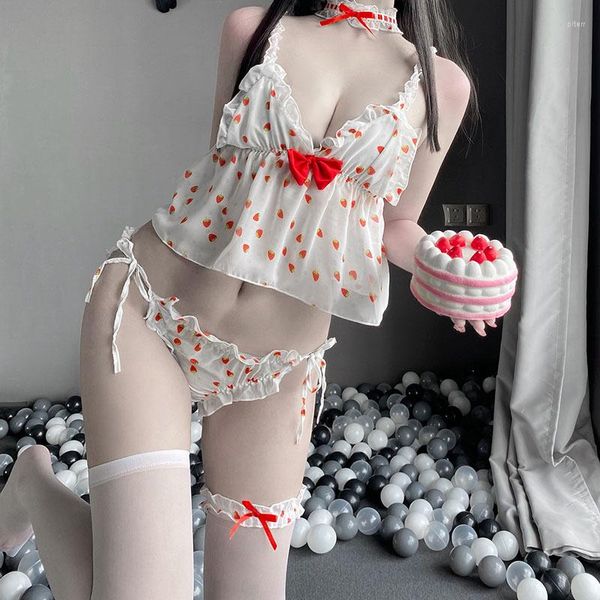 Sonowberry feminino Strawberry Camisole Kawaii Ruffle Ruffle Ruffle Girl Cosplay Costume Bordado Sexy Lingerie Defina roupas íntimas para mulheres