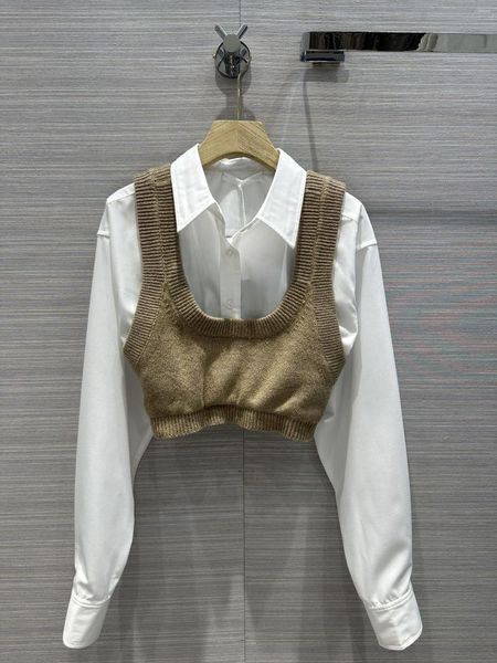 Bloups feminina Camisa de lã de lã Design de duas peças! Temperamento de cintura elástica curta