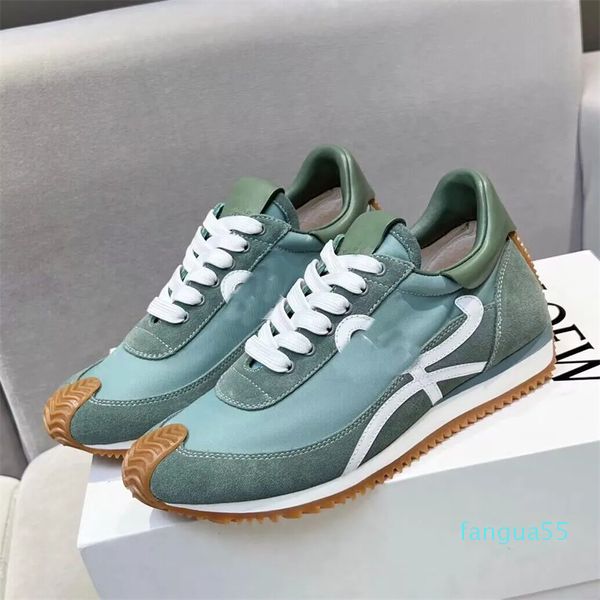 2023 Luxury Design Men Men Flow Runner Sneaker Shoes Shoes Calfskin Nylon Suede Lace-up Treinadores de festas de borracha de borracha Plataforma Skate Walking EU38-46