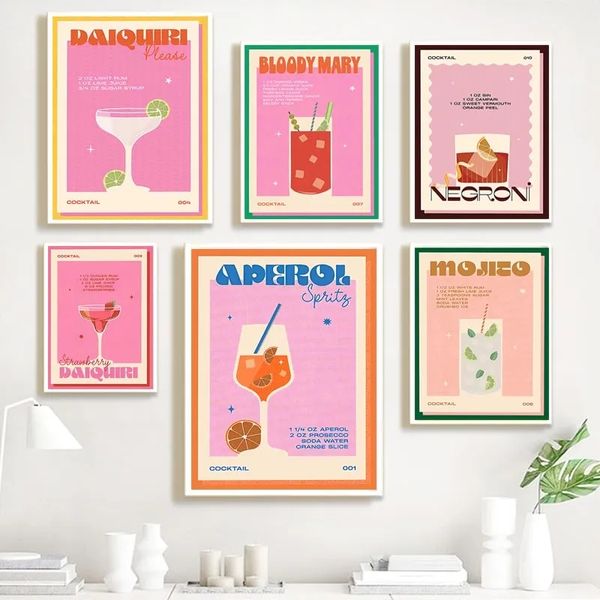Cocktail mojito succo bevande in tela vintage dipinto muro art nordic rosa poster e stampe immagini murali per il soggiorno arredamento club senza cornice wo6