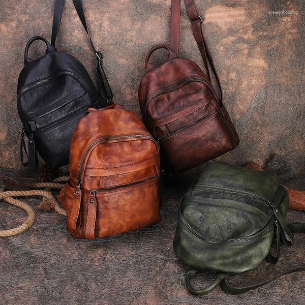 Mochila estilo vintage Limpagem de couro de grande capacidade Back macio portátil Hold mulheres viagens literárias de lazer