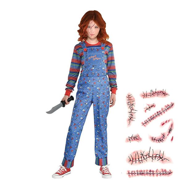 Cosplay Chucky Trajes Backpacks Backpacks Costume de criança Enviar adesivos de tatuagem de cicatrizes Halloween Kids Presente 230818