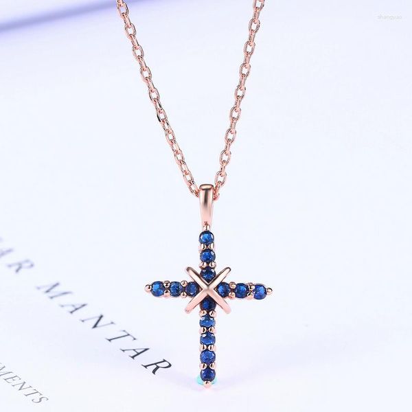 Anhänger Halsketten stilvolle blaue Steine ​​Kreuz Halskette Schmuck Frauen Männer Rose Gold Farbparty Gebet Großhandel Großhandel