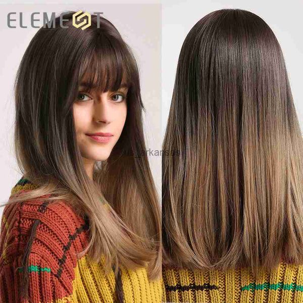 Synthetische Perücken Element Lang gerade Ombre Brown Synthetic Hair Perücken mit Pony for Black White Women Cosplay Party täglich hitzebeständig HKD230818