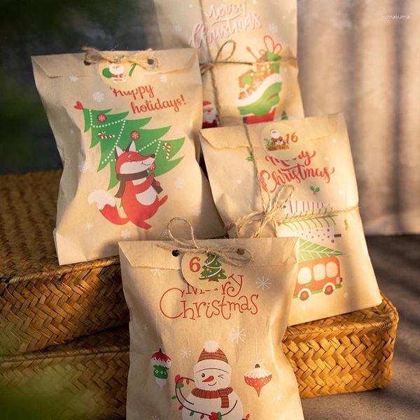 Hediye Sargısı 24 Setler Noel Kraft Kağıt Torbalar Noel Baba Kardan Adam Şeker Çantası Partisi Sarma Malzemeleri
