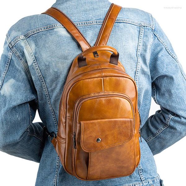 Рюкзак искренний кожаный мужчина, слинг грудь, крест, ретро, ​​ретро -дизайнер, настоящий коудин мужского рюкзак, перекрестное плечо, плечо